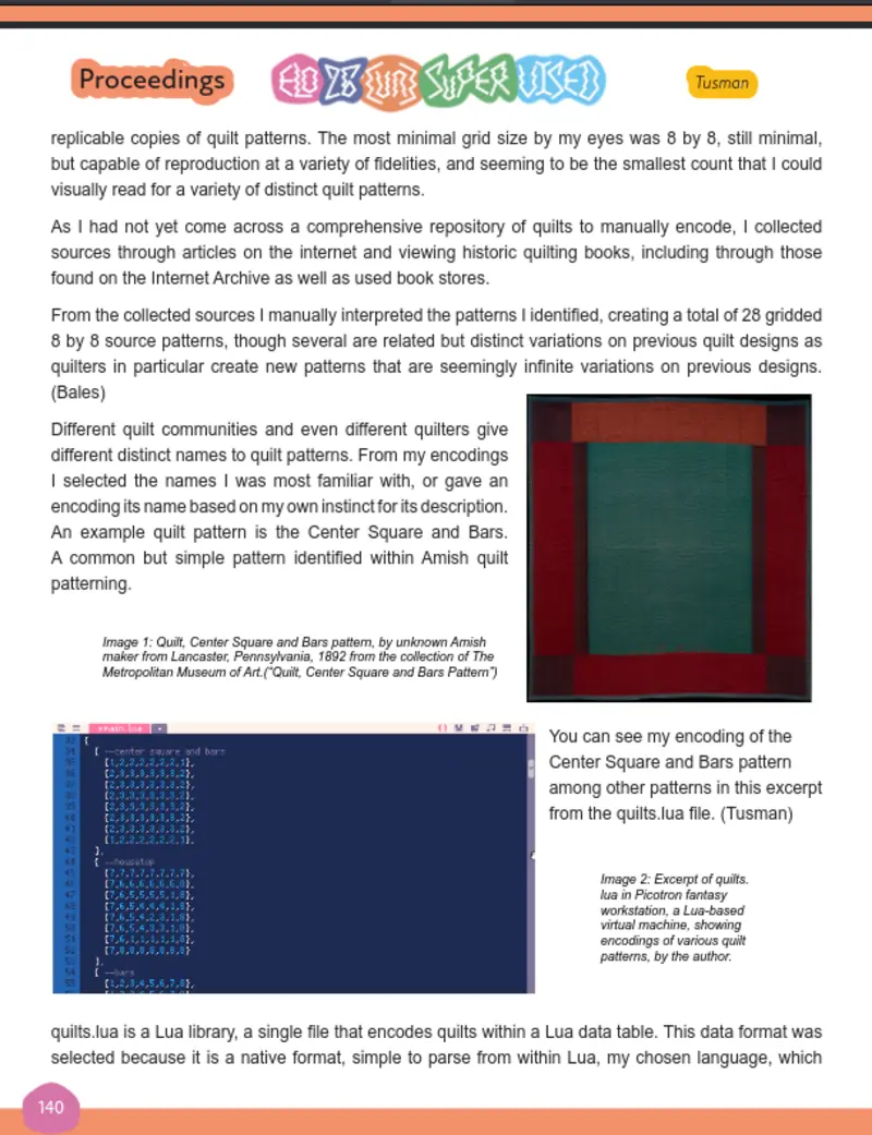 a
page of writing showing an amish quilt and its encoding
