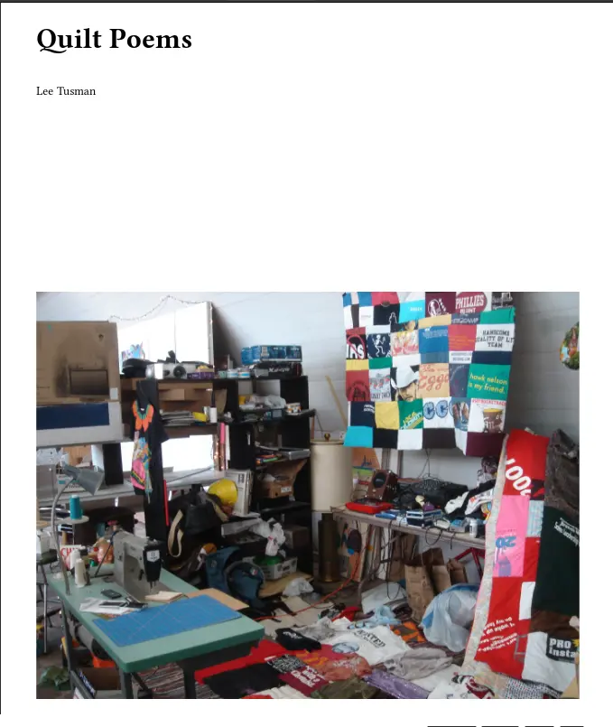 Cover with title Quilt Poems and image of a messy studio with industrial sewing machine and in-progress crazy quilts