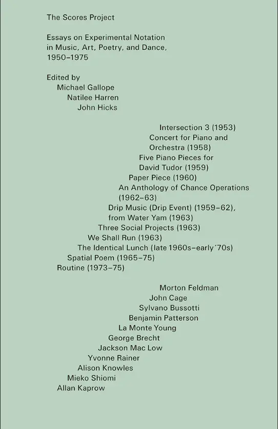 Green paper cover with title The Scores Project and description of its contents along with editor and artist names