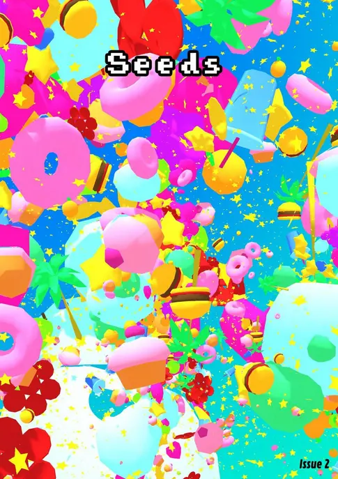 Magazine cover with neon 3d shapes all over including 3d models of drinks, palm trees, hamburger, cupcakes and torus, star and ellipsoid shapes