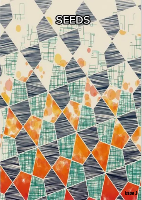 Abstract magazine cover with title Seeds, Issue 3, and blue, orange, gray and white polygons tesseract tiled, filled with disparate texturing