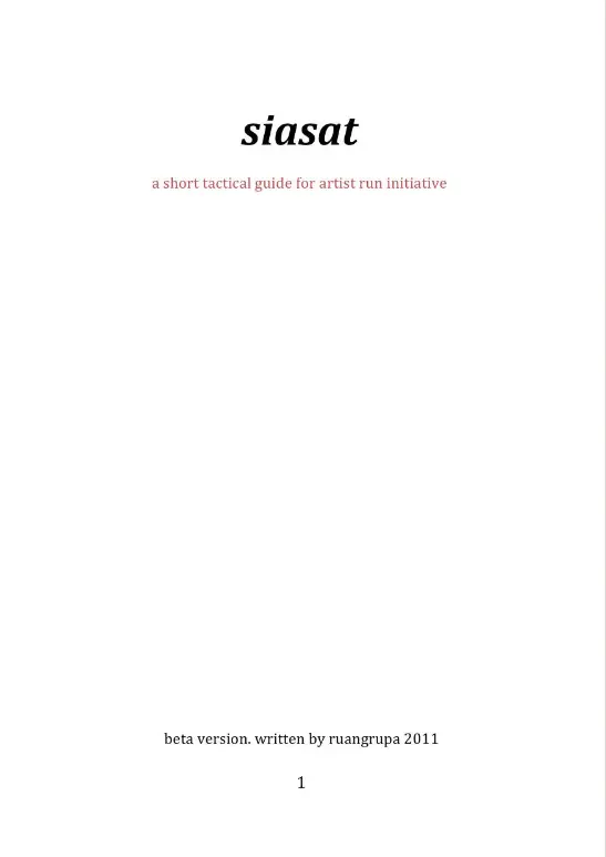 cover of siasat zine with title and subtitle and year 2011, beta version, written by ruang rupa