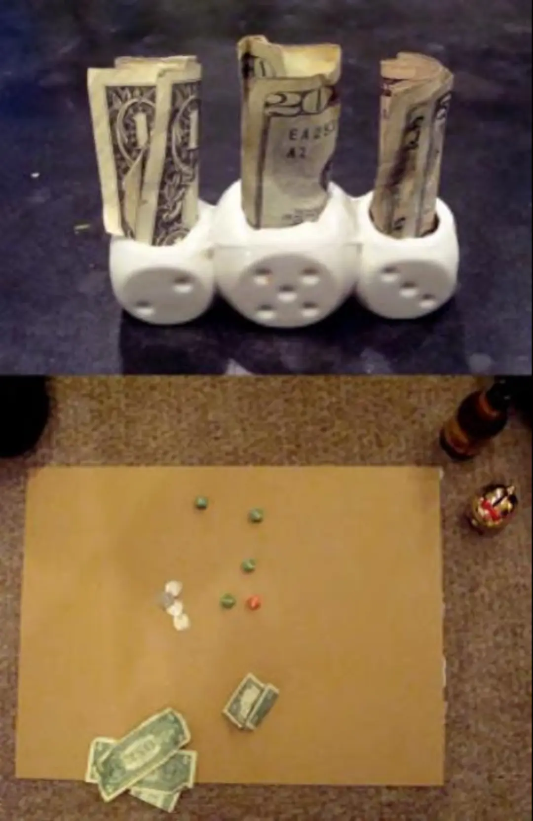 Three white dice with dollar bills stuffed in the top, above a blurry photo of dice and money on a mat.