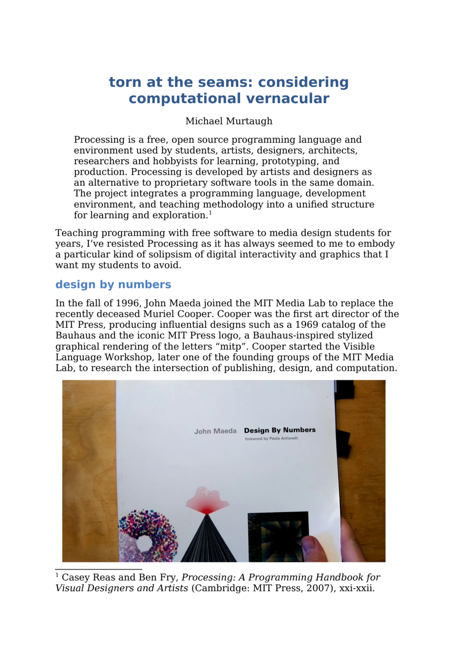 Page of text titled Torn at the seams with a photo at the bottom of the Design By Numbers textbook