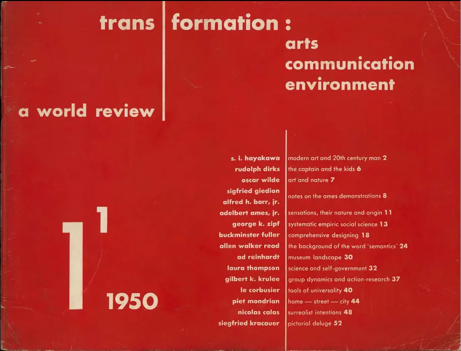 Red cover of a magazine with title trans formation and a line dissection the title, with subtitle categories arts, communication and environment. A listing of contents below and a giant 1 for the volume and 1 for the issue along with the year 1953 listed.