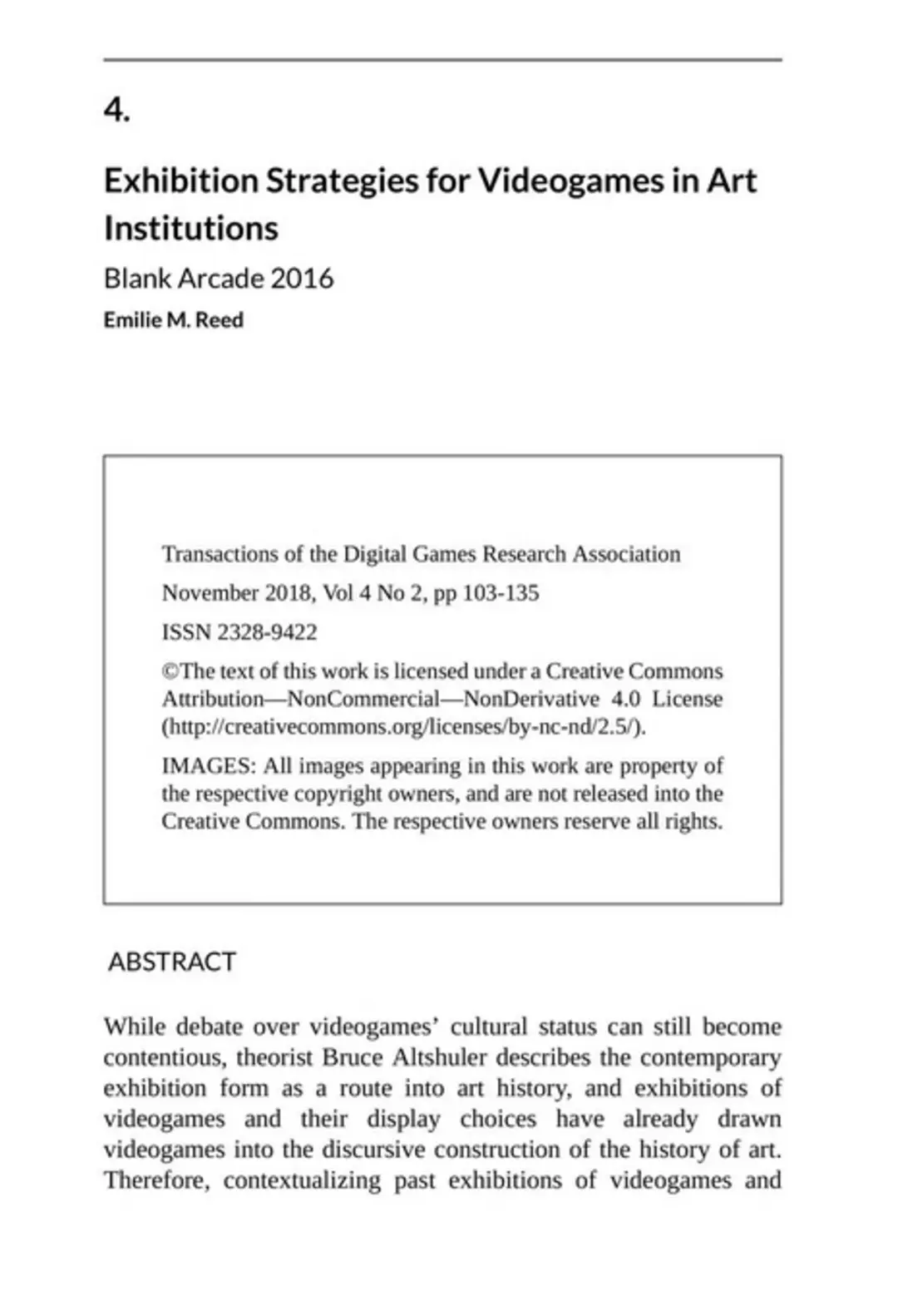 Title and first page of Exhibition Strategies for Videogames in Art Institutions