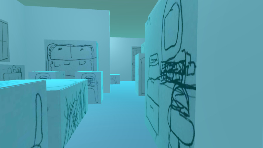 A screenshot of 232henley artwork showing a 3d environment with blocky hand-drawn objects in a room. On the right is a hand drawn doodle of a desk with computer. Straight ahead is furniture.