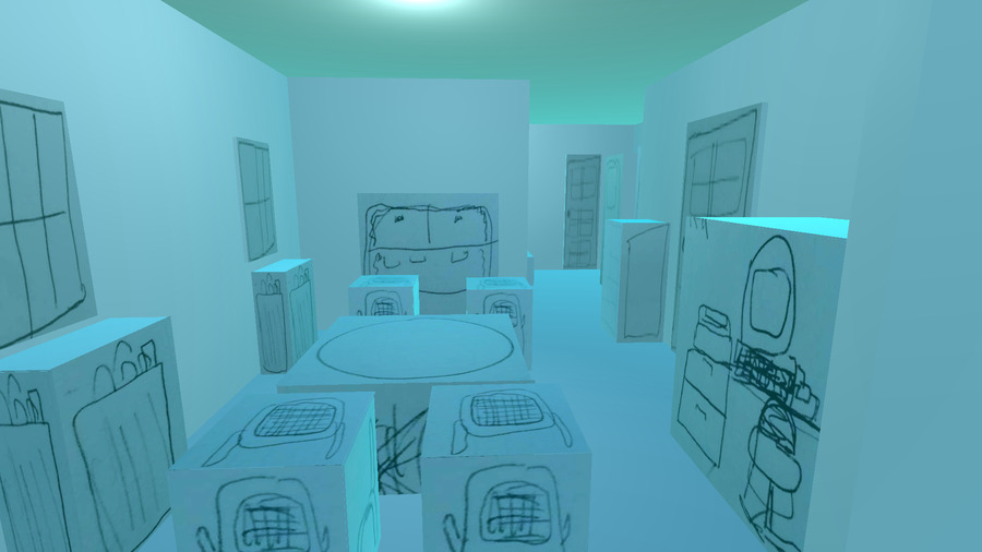 A screenshot of 232henley artwork showing a 3d environment with blocky hand-drawn objects in a room. This is a view of the dining room with computer on the right, table with chairs in center, door, windows, and more items all crudely drawn in pen.