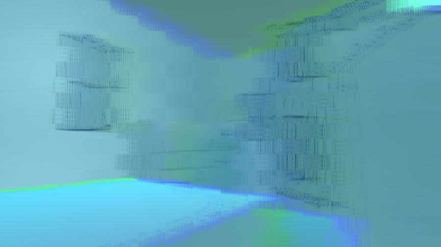 A screenshot of the artwork 232henley. The image is glitched out and blurry in blue and green. You can vaguely make out a window and maybe a door.