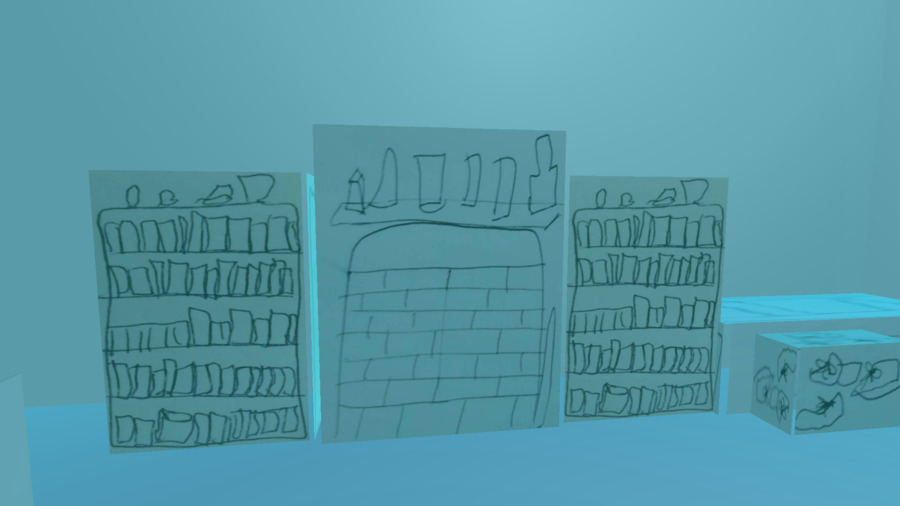 A screenshot of the artwork 232henley. The background is blue and there are crudely drawn elements of a bookcase on each side of a fireplace.