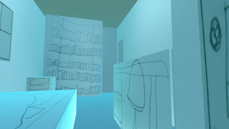 A screenshot of the artwork 232henley. In the image with a blue background of a 3d scene we are in a room with a desk on the right, bed on left, and bookcase in the back. Everything is blocky and crudely drawn.