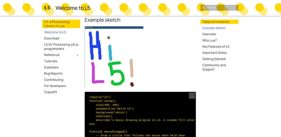 Section of L5 website showing drawing program with Hi L5! drawn and code for drawing program underneath