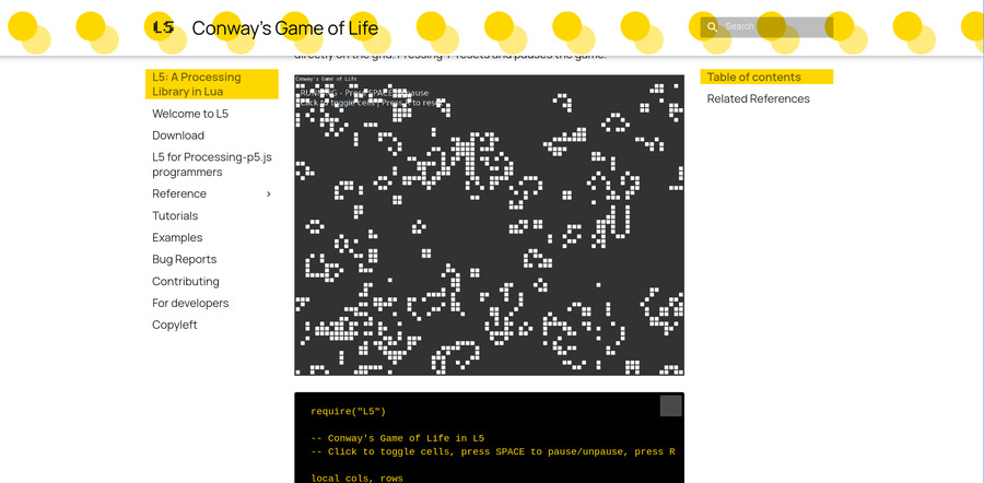 Conway's Game of Life on the L5 website with some of its code below