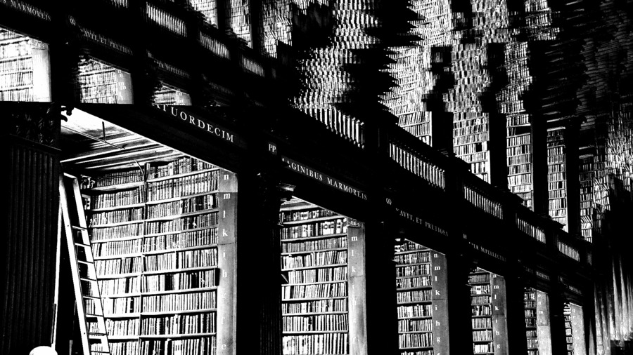 Glitched black and white image of the interior of a library