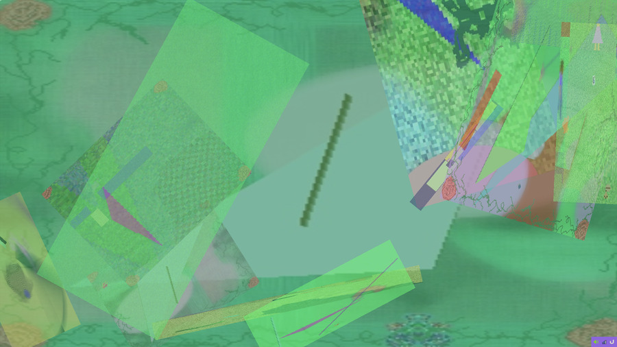Abstract image with glitches of mostly green pixels, shapes, lines, dots.