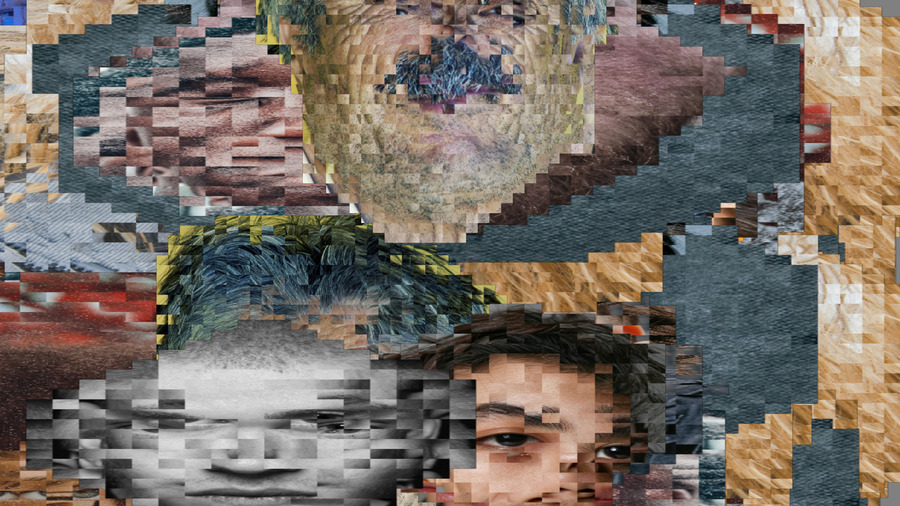 Pixelated and bitcrushed faces overlapping  .