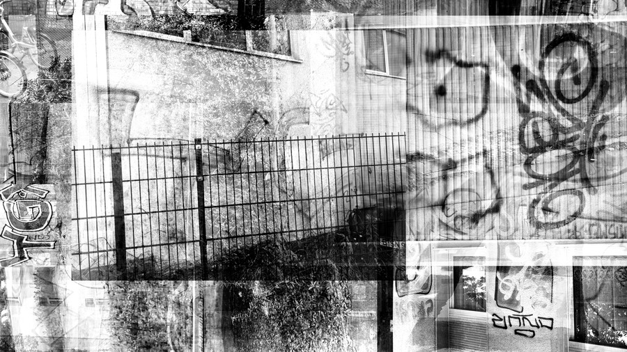 Black and white thresholded collage of overlapping graffiti photos