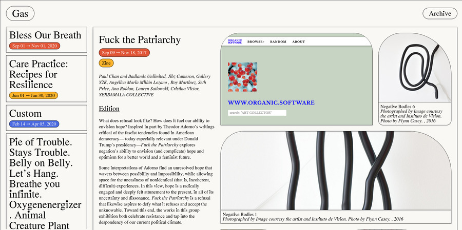 Screenshot of Gas Gallery archive site including column of exhibitions on the left and an overview description of the exhibition F The Patriarchy.