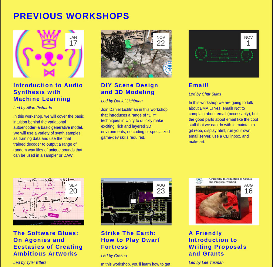 A screenshot of the Babycastles Academy website page showing previous workshops Introduction to Audio Synthesis with Machine Learning, DIY Scene Design and 3d Modeling, Email!, The Software Blues, Strike The Earth, and A Friendly Introduction to Writing Proposals and Grants