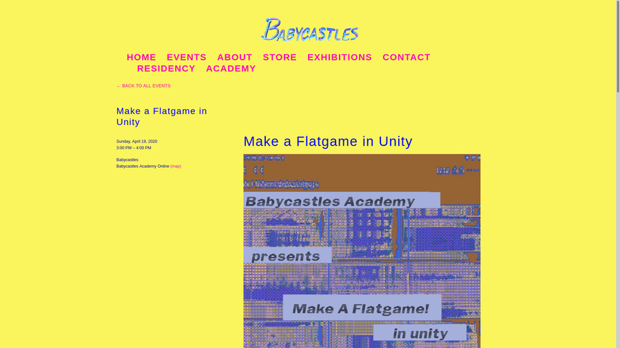 Screenshot of a page labeled Babycastles and showing a background yellow with a flyer for Make a Flatgame in Unity