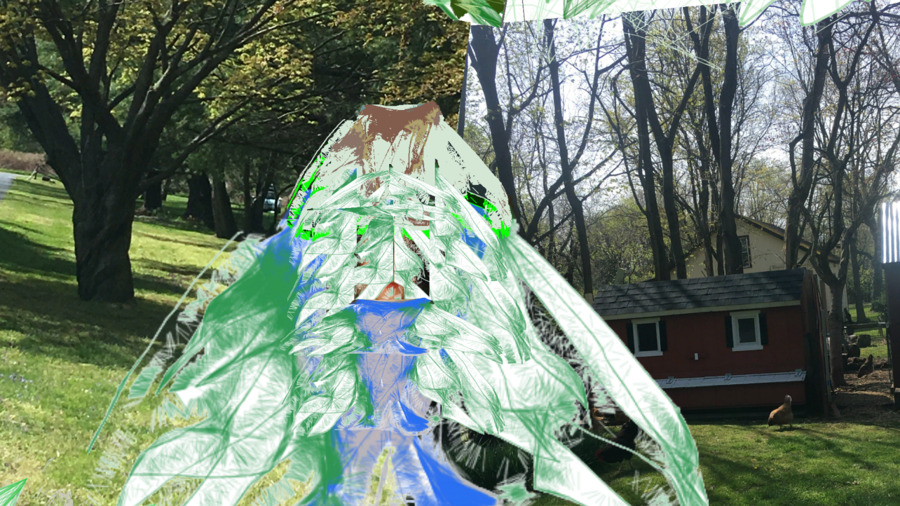 Screenshot of a nature scene with spliced images and strange drawing of a distorted hill, maybe in pen