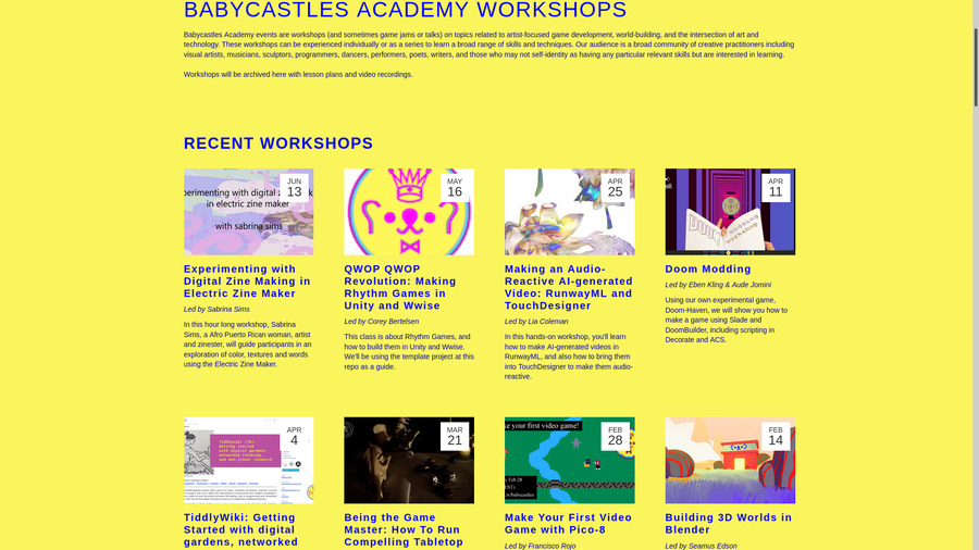 screenshot of Babycastles Academy Workshops website page showing 8 previous workshops with logo and small description
