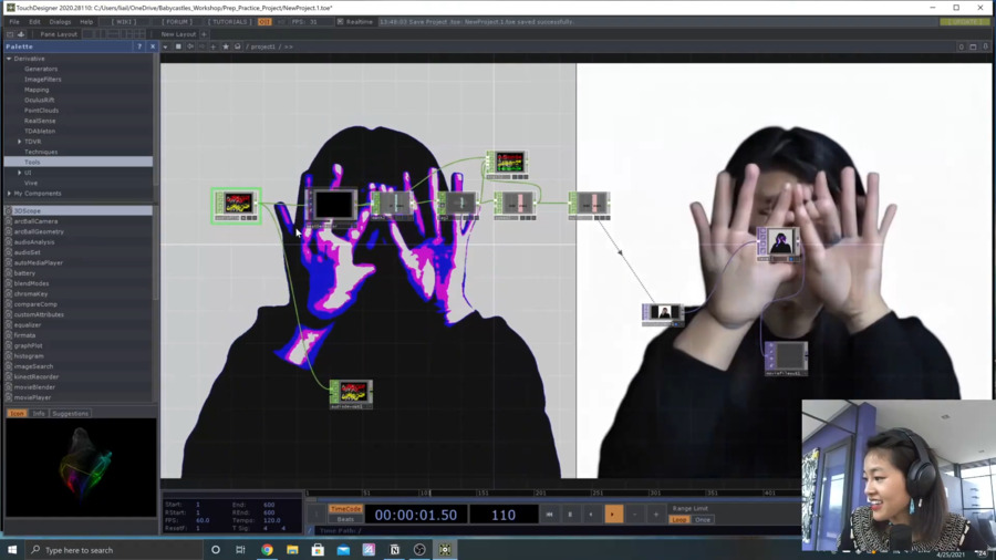 Screenshot of a workshop taught by Lia in Supercollider showing two images with their face obscured by their hands and then Lia in the bottom right corner instructing