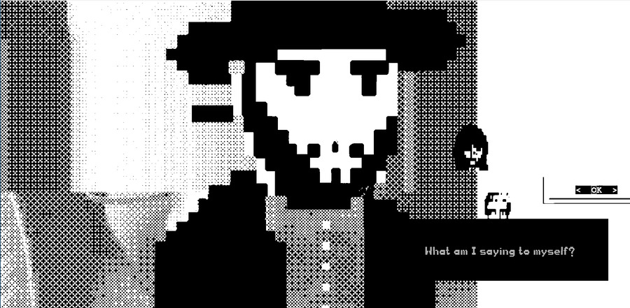 Screenshot in black and white of an enlarged Orthodox character's head in the foreground and an abstract background with two smaller pixel characters and the text What am I saying to myself? next to a dialog button that says OK