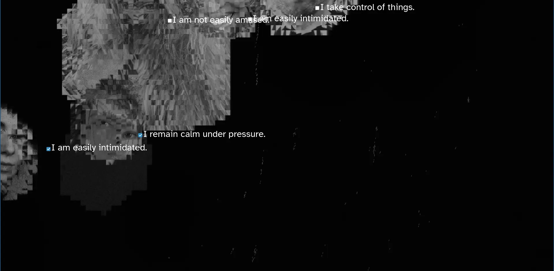 digitally crunched image in black and white of floating heads 