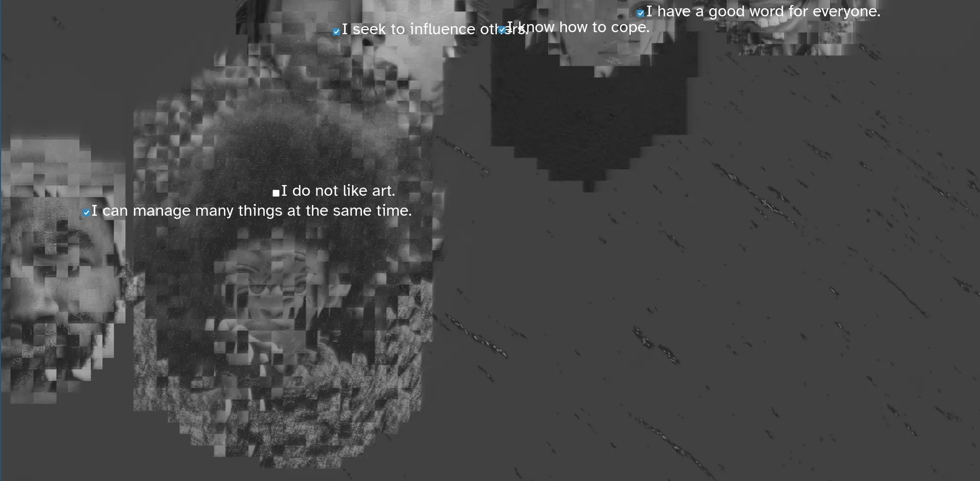 digitally crunched image in black and white of floating heads 