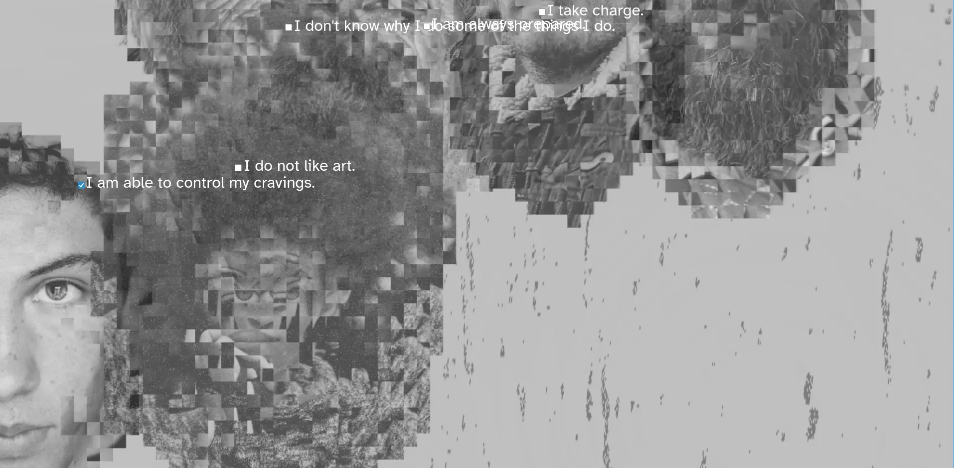 digitally crunched image in black and white of floating heads 