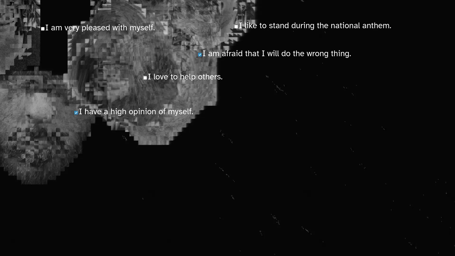 digitally crunched image in black and white of floating heads 