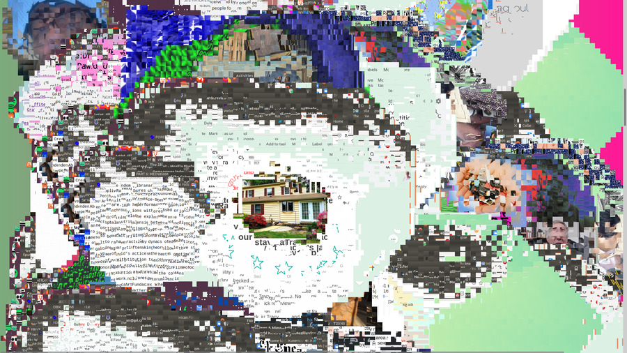 Screenshot of a glitched out image showing a house at the center and glitched color and text and images hard to pin down all around.
