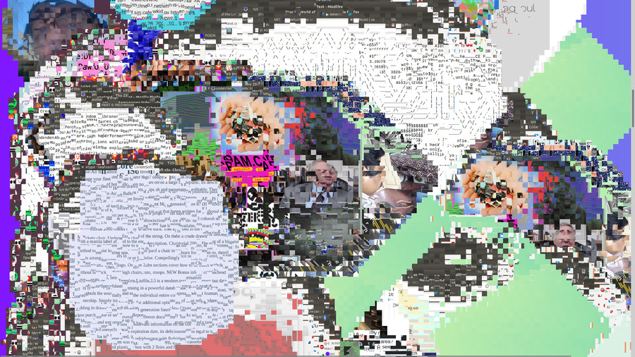 Screenshot of scrambled, distorted, broken up glitched out text and images all over the screen in a riot of colors. The text is almost impossible to read