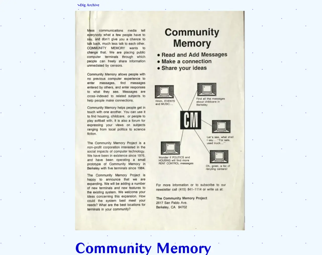 Community Memory page on Dig Archive