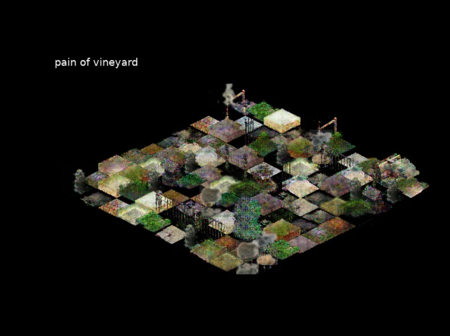 Screenshot of 2.5d view of a gridded generative landscape. The words 'pain of vineyard' appear in top left.