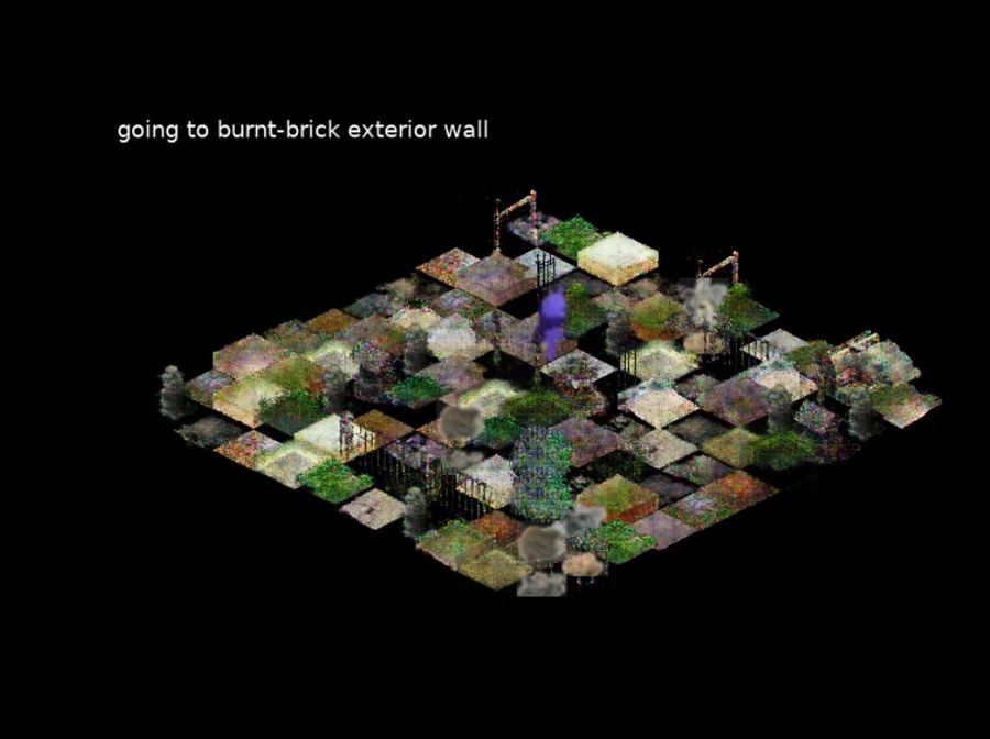 Screenshot of 2.5d view of a gridded generative landscape. The words 'going to burn-brick exterior wall' appear in top left.