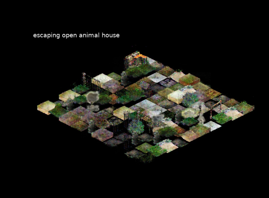 Screenshot of 2.5d view of a gridded generative landscape. The words 'escaping open animal house' appear in top left.