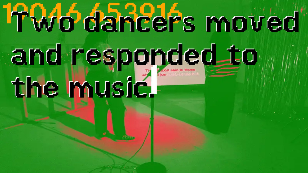 Tritone image with singers and dancers and the overlaid low resolution text Two dancers moved and responded to the music