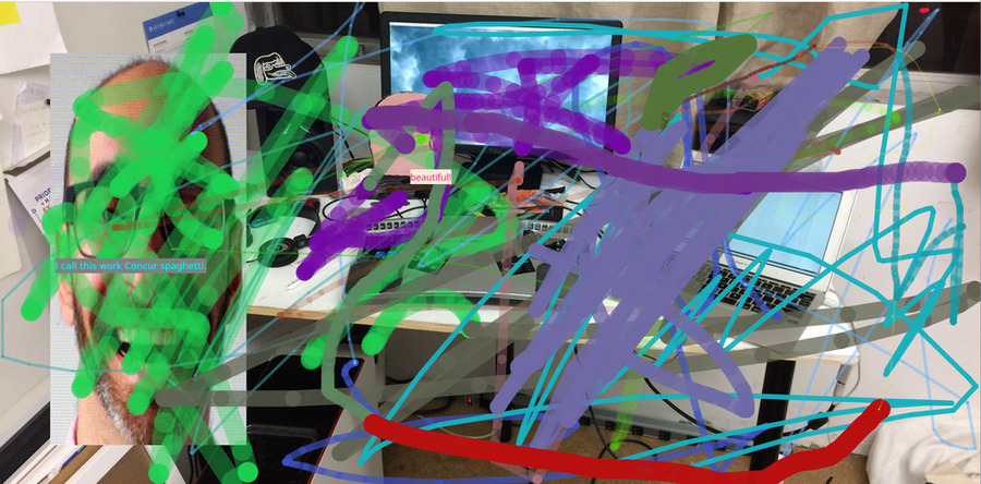 A screenshot of a heavily marked up image of a studio with a computer on a table and Lee's head on the left and lots of digital drawing on top.
