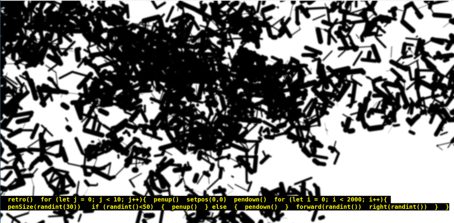 Abstract pixelated splotches of digital drawing with the LOGO-like language of the drawing program underneath in a code console
