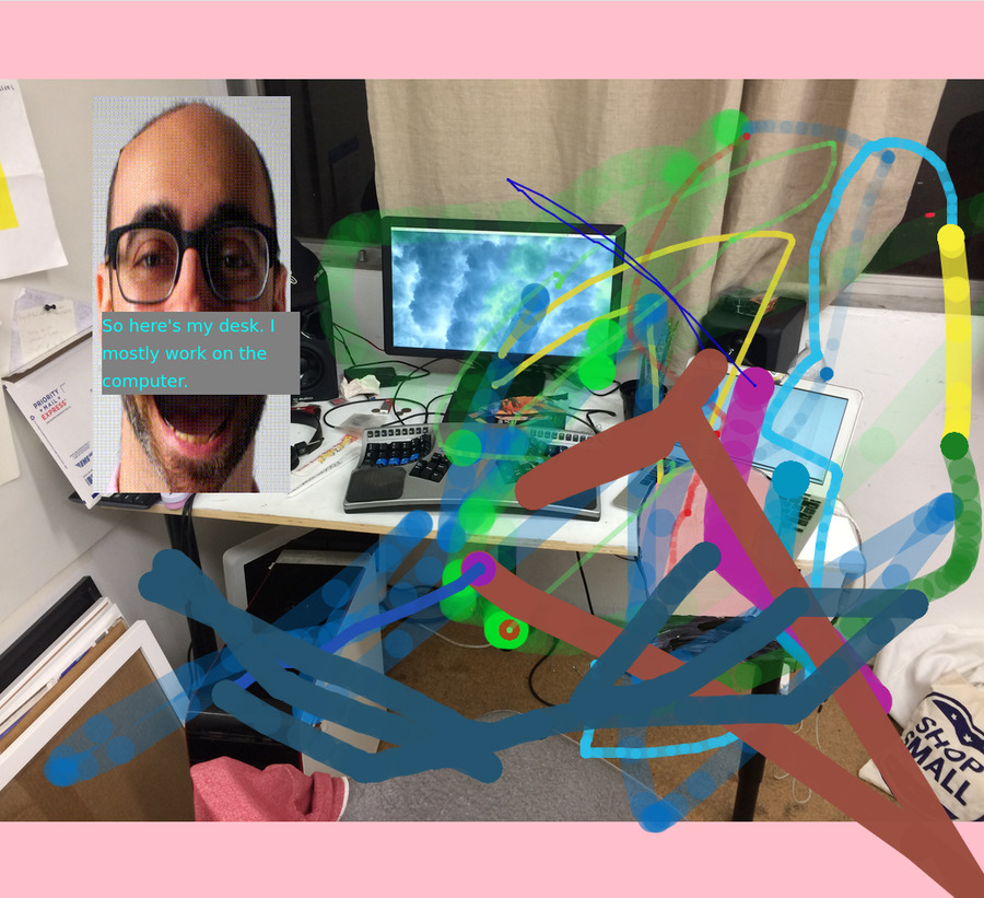 Abstracted desk with distorted image of my head with text on top of it and painterly lines in bright colors