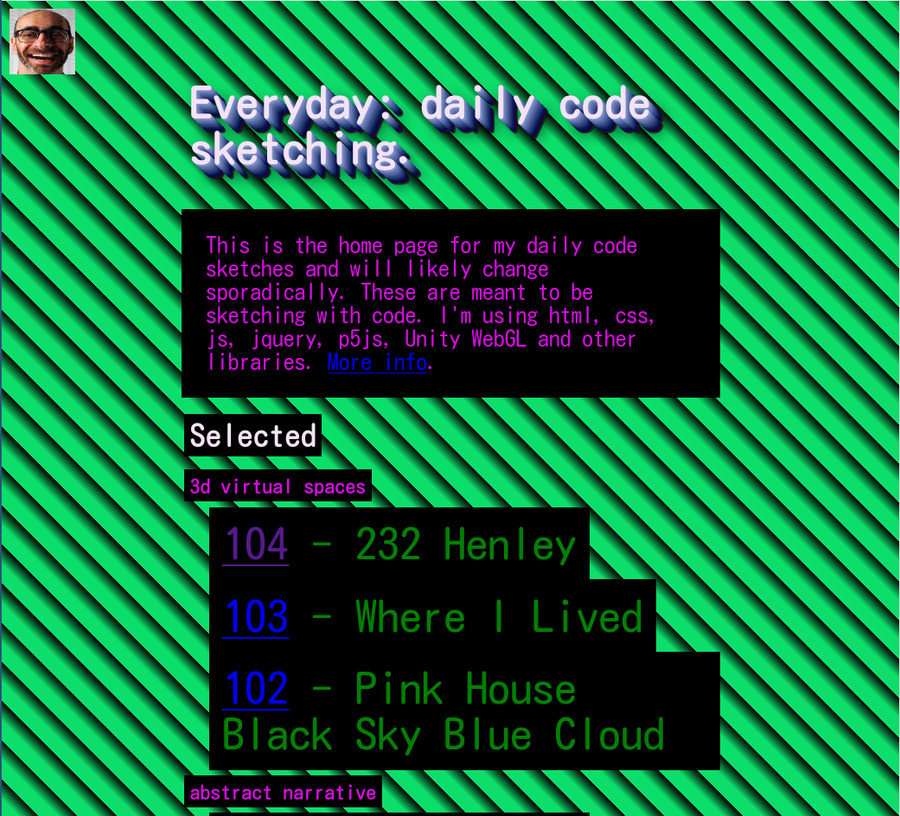 A screenshot of Everyday with alternating green and blue black lines on a diagonal with names of programs and description in purple, green and blue text on black, hard to read