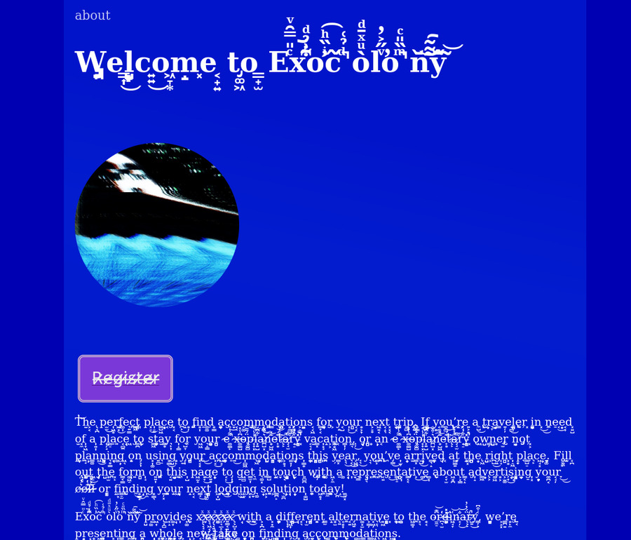 Landing page for Exocolony. White text on blue background with an obscure distorted face in a circle and a purple Register button. The text is distorted zalgo text.