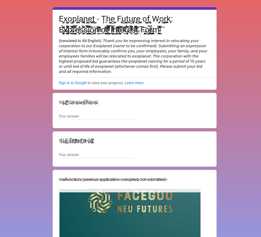 An image from Exocolony showing a form titled Exoplanet: The Future of Work: XXXX XXXX XXXXX which is nearly unreadable. At the bottom is a broken image Facegoo Neu Futures.