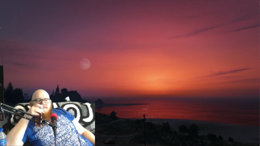 Screenshot of player livestreaming himself playing Grand Theft Auto. The background scene is of a beautiful sunset gradient in the sky with the sun and moon out.