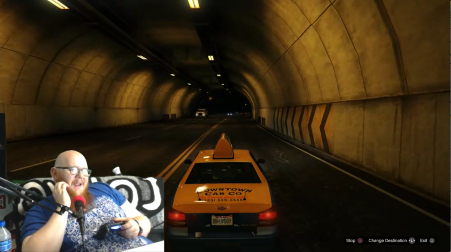 Screenshot of player livestreaming himself playing Grand Theft Auto. The background scene is of a taxi in a tunnel.
