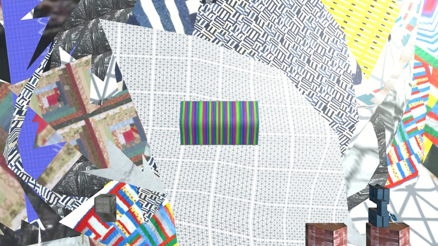 messlife screenshot, a top down view of an abstract floor of cut up quilts with a warehouse roof in green and purple in the center.