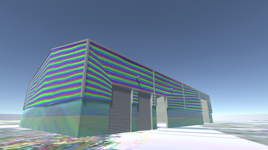 Screenshot: A rendering of a green and purple warehouse