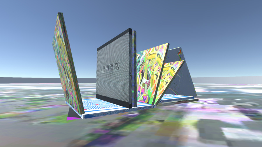 A screenshot of flats piled up with various abstract images on them, leaning on a abstract floor and blue sky